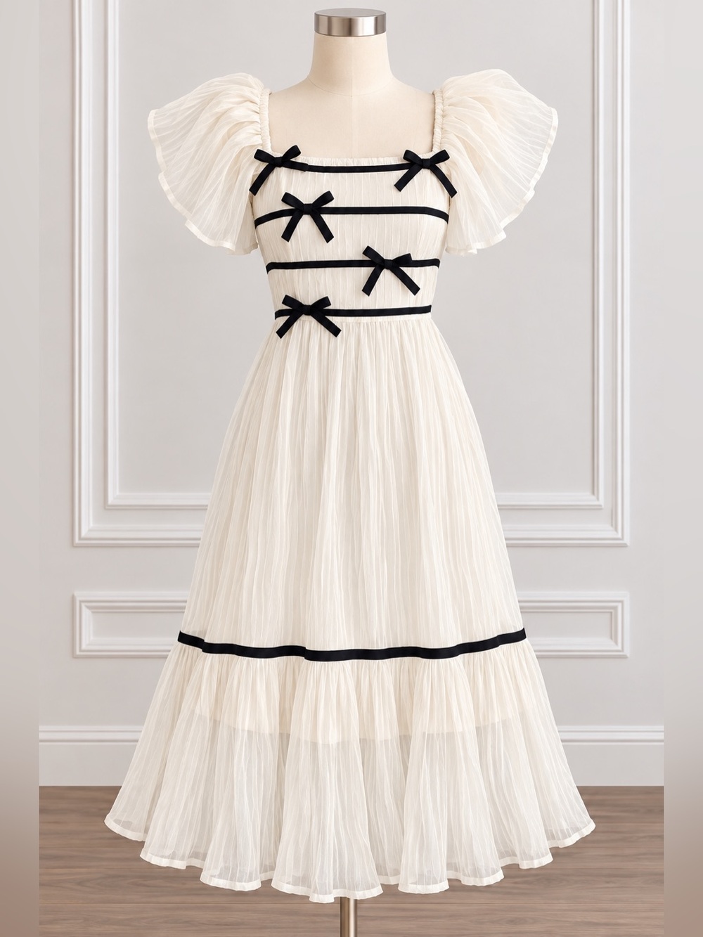 Henly- Ivory Midi Dress with Black Trim and Bow Details